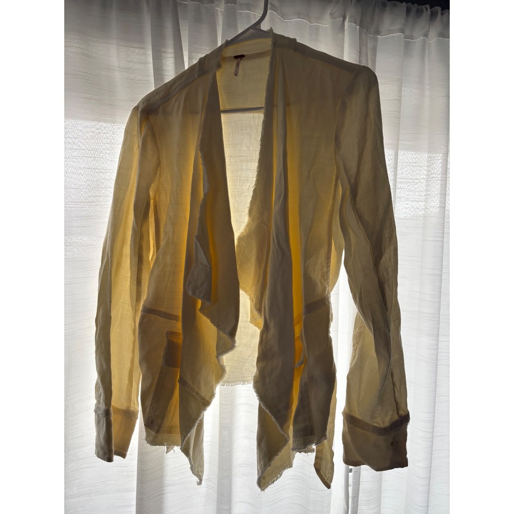 Free People Cream Linen Blend Draped Open Front Jacket Raw‎ Hem Small OB412932